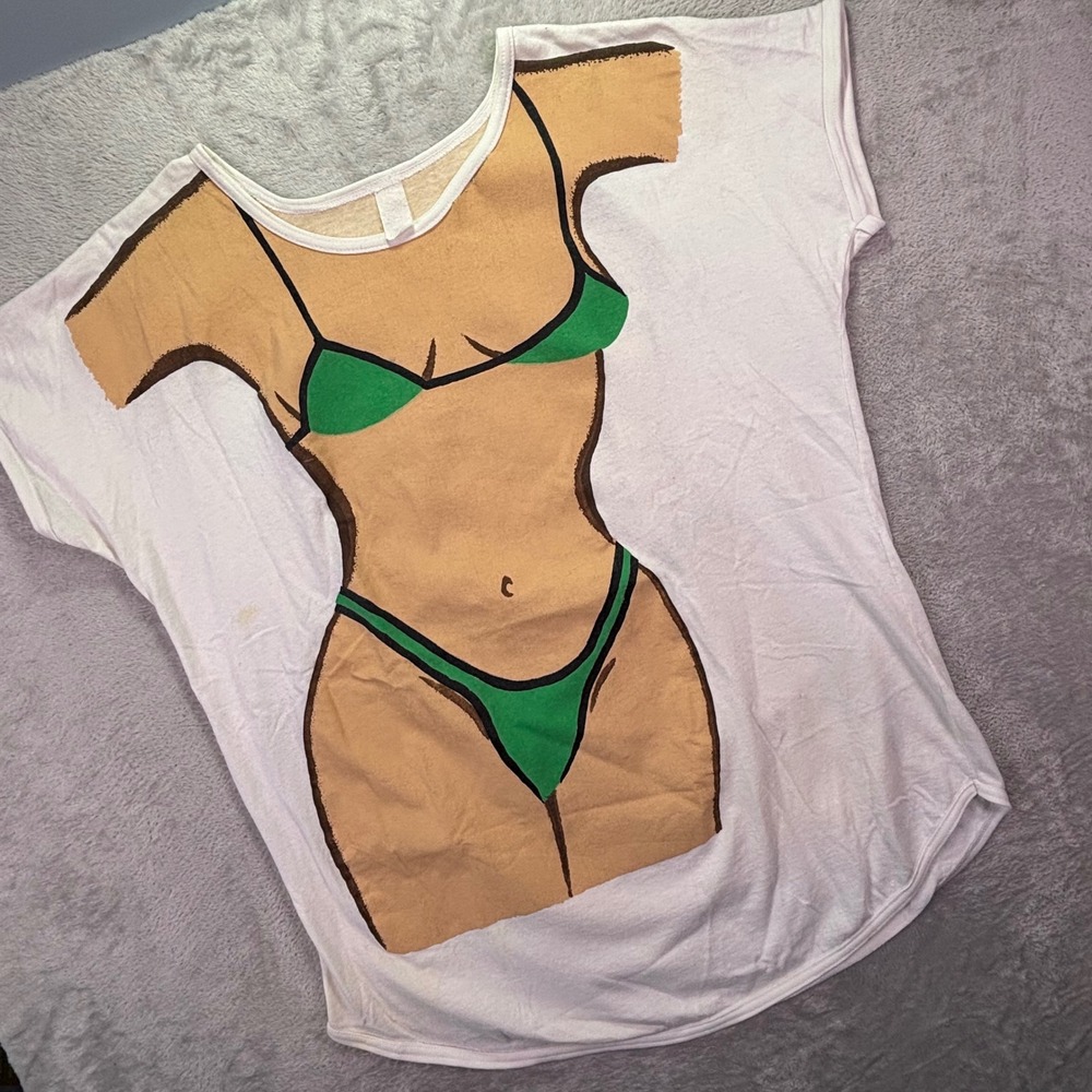 Unbranded Mens T-Shirt One Size White Green Vintage Bikini Body Gag Graphic